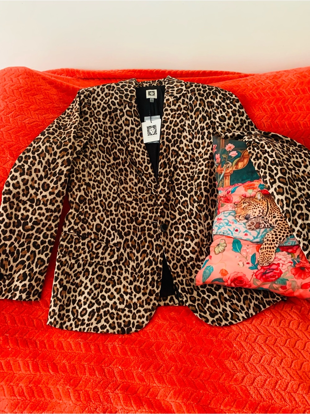 Anne Klein Cheetah Print Cotton Twill Blazer Black Multi Size 14 Leopard Classic
